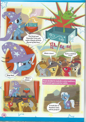 Size: 826x1169 | Tagged: safe, derpibooru import, trixie, frog, pony, unicorn, cape, clothes, comic, cowboy hat, crowd, female, filly, hat, magazine scan, trixie n'abandonne jamais !, trixie's cape, trixie's hat, younger