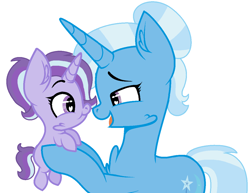 Size: 1024x792 | Tagged: safe, artist:semlandraw, derpibooru import, trixie, oc, pony, unicorn, chest fluff, duo, eye contact, female, filly, looking at each other, magical lesbian spawn, mare, mother and child, mother and daughter, offspring, parent and child, parent:starlight glimmer, parent:trixie, parents:startrix, simple background, white background