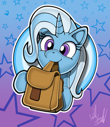 Size: 1127x1300 | Tagged: safe, artist:fuzon-s, derpibooru import, trixie, pony, unicorn, to saddlebags and back again, bag, bust, cute, cutie mark, diatrixes, female, fuzon is trying to murder us, gradient background, looking at you, mare, mouth hold, pony channel, portrait, scene interpretation, smiling, solo, stars, style emulation, sweet dreams fuel, yuji uekawa style