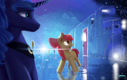 Size: 3800x2400 | Tagged: safe, artist:chickhawk96, apple bloom, princess luna, alicorn, earth pony, pony, bloom and gloom, city, door, dream doors, dream realm, dream walker luna, dreamscape, duo, female, filly, foal, mare, scene interpretation, surreal, train, train station