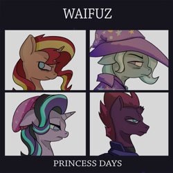 Size: 1000x1000 | Tagged: safe, artist:slamjam, derpibooru import, starlight glimmer, sunset shimmer, tempest shadow, trixie, pony, unicorn, my little pony: the movie, album cover, beanie, broken horn, bust, cape, clothes, counterparts, demon days, gorillaz, hat, parody, ponified, ponified album cover, trixie's cape, trixie's hat, twilight's counterparts