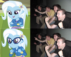 Size: 1280x1024 | Tagged: safe, derpibooru import, screencap, trixie, best trends forever, better together, equestria girls, adorkable, canterlot high, choose twilight sparkle, cute, dork, exploitable meme, glasses, meme, montage, reaction guys, reaction image, smiling