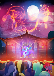 Size: 1358x1920 | Tagged: safe, artist:rariedash, derpibooru import, lyra heartstrings, pinkie pie, trixie, earth pony, pony, unicorn, bipedal, cape, chinese new year, clothes, coat, cutie mark, female, fireworks, full moon, hat, hooves, lineless, mare, moon, open mouth, stage, trixie's cape, trixie's hat, year of the horse