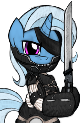 Size: 719x1112 | Tagged: safe, artist:drawponies, derpibooru import, trixie, pony, unicorn, crossover, konami, metal gear, metal gear rising, raiden, rules of nature, solo