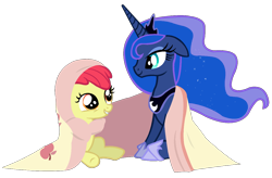 Size: 1188x780 | Tagged: safe, artist:dilemmas4u, apple bloom, princess luna, alicorn, pony, adorabloom, blanket, cute, lunabetes, show accurate, simple background, transparent background