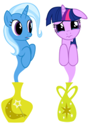 Size: 197x277 | Tagged: safe, artist:navitaserussirus, derpibooru import, trixie, twilight sparkle, pony, asktwixiegenies, cropped, crying, duo, female, floppy ears, genie, lesbian, picture for breezies, shipping, simple background, transparent background, twixie