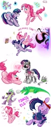 Size: 1000x2500 | Tagged: safe, artist:cruelseptember, derpibooru import, gummy, pinkie pie, spike, twilight sparkle, dragon, earth pony, pony, robot, unicorn, book, comic, confetti, cupcake, female, food, hologram, magic, mare, portal, shenanigans, sketch dump, tentacles