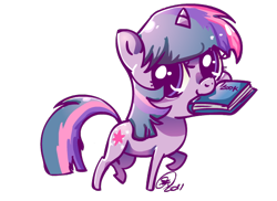 Size: 550x400 | Tagged: dead source, safe, artist:conphettey, derpibooru import, twilight sparkle, pony, unicorn, book, chibi, female, mare, mouth hold, simple background, solo, transparent background