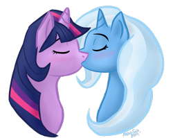 Size: 877x697 | Tagged: safe, artist:natra-san, derpibooru import, trixie, twilight sparkle, eyes closed, female, kissing, lesbian, shipping, twixie