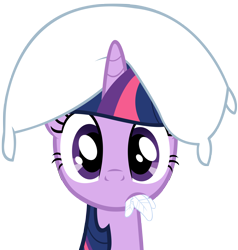 Size: 3364x3538 | Tagged: safe, artist:dentist73548, derpibooru import, twilight sparkle, pony, unicorn, look before you sleep, cute, feather, female, frown, high res, looking at you, mare, mouth hold, pillow, pillow hat, simple background, solo, surprised, transparent background, vector, wide eyes