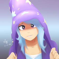Size: 500x500 | Tagged: safe, artist:sketchbookfim, derpibooru import, trixie, human, covering, humanized, light skin, looking at you, solo