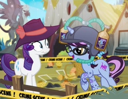 Size: 900x696 | Tagged: safe, artist:pixelkitties, derpibooru import, rarity, trixie, oc, oc:pixelkitties, pony, unicorn, alcohol, arrogant trixie ale, basket, beer, beverage, clothes, crime scene, detective rarity, duo, female, food, griffonstone, hat, mare, muffin, show accurate, statue