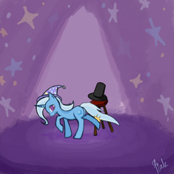 Size: 1680x1680 | Tagged: source needed, safe, artist:9pak, derpibooru import, trixie, pony, unicorn, female, frown, get, hat, kick, lonely, mare, milestone, sad, solo, stage, stool, top hat, wavy mouth