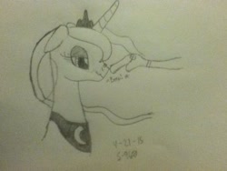 Size: 960x720 | Tagged: artist needed, safe, princess luna, alicorn, pony, boop, monochrome, scrunchy face, sock puppet, solo, traditional art