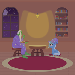 Size: 1000x1000 | Tagged: safe, artist:bradleyeighth, derpibooru import, trixie, oc, oc:anon, pony, unicorn, anonymous, author:8th-sin, book, comforting, cute, diatrixes, female, filly, night, older, reading, simple background, sitting, vector