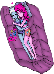 Size: 2000x2728 | Tagged: safe, artist:starwantrix, derpibooru import, pinkie pie, trixie, equestria girls, blushing, clothes, cuddling, cute, diapinkes, diatrixes, female, lesbian, midriff, panties, pink underwear, romance, shipping, shorts, simple background, sleeping, sofa, sports bra, transparent background, trixiepie, underwear