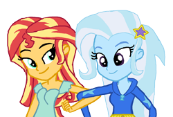 Size: 1203x815 | Tagged: safe, artist:bigpurplemuppet99, derpibooru import, sunset shimmer, trixie, equestria girls, female, lesbian, shipping, simple background, suntrix, transparent background