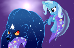 Size: 1024x660 | Tagged: safe, artist:andromedasparkz, derpibooru import, trixie, pony, unicorn, ursa minor, accessory theft, magic, mouth hold