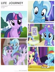 Size: 3106x4096 | Tagged: safe, derpibooru import, fluttershy, rainbow dash, starlight glimmer, trixie, twilight sparkle, twilight sparkle (alicorn), alicorn, pegasus, pony, food, pancakes, playing card, strawberry, trixie's wagon