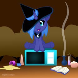 Size: 750x750 | Tagged: safe, artist:nyskeskye, princess luna, alicorn, pony, filly, hat, oven, potion, solo, witch hat, woona