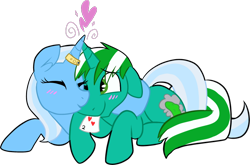 Size: 700x463 | Tagged: safe, artist:deerspit, derpibooru import, trixie, oc, oc:pickles, blushing, canon x oc, female, heart, horn ring, horns are touching, male, shipping, straight, trikles