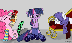 Size: 1295x768 | Tagged: safe, artist:thattagen, derpibooru import, pinkie pie, rarity, twilight sparkle, earth pony, pony, unicorn, chest fluff, clothes, fainting couch, pocky, socks, sockypockytwi, sofa, striped socks