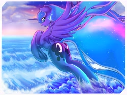 Size: 8000x6000 | Tagged: safe, artist:tsunamicult, princess luna, alicorn, pony, absurd resolution, both cutie marks, flying, looking back, moonbutt, ocean, plot, solo, wave