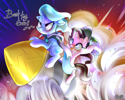 Size: 5000x4000 | Tagged: safe, artist:renokim, derpibooru import, starlight glimmer, trixie, pony, unicorn, cape, clothes, duo, female, flying, hat, horn, jewel, mare, rocket, smoke, toy interpretation, trixie's cape, trixie's hat, trixie's rocket