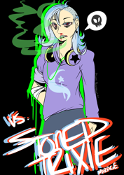 Size: 500x707 | Tagged: safe, artist:silent ponytagonist, derpibooru import, trixie, human, blood, drugs, headphones, humanized, light skin, nosebleed, pictogram, solo, stoned trixie, undercut