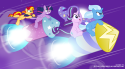 Size: 8507x4700 | Tagged: safe, artist:jhayarr23, derpibooru import, starlight glimmer, sunset shimmer, trixie, twilight sparkle, twilight sparkle (alicorn), alicorn, pony, unicorn, absurd resolution, cape, clothes, counterparts, female, guardians of harmony, hat, mare, open mouth, race, rocket, smoke, stars, toy, toy interpretation, trixie's cape, trixie's hat, trixie's rocket, twilight's counterparts