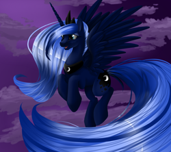 Size: 1800x1600 | Tagged: safe, artist:santagiera, princess luna, alicorn, pony, cloud, female, flying, jewelry, mare, night, open mouth, regalia, sky, smiling, solo, spread wings, wings