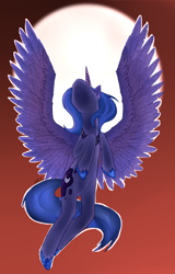 Size: 600x936 | Tagged: safe, artist:carlathecatgonzales, artist:weresquirrel94, princess luna, alicorn, pony, anatomically incorrect, flying, incorrect leg anatomy, looking up, low angle, moon, s1 luna, solo, spread wings