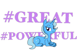 Size: 768x520 | Tagged: safe, artist:princessmuffinart, derpibooru import, trixie, pony, unicorn, hashtag, lidded eyes, prone, simple background, smiling, solo, teepublic, text, transparent background, unshorn fetlocks