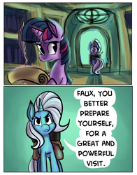 Size: 3850x4900 | Tagged: safe, artist:fauxsquared, derpibooru import, trixie, twilight sparkle, comic, trixie is magic