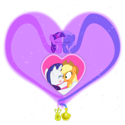 Size: 1750x1750 | Tagged: safe, artist:themexicanpunisher, derpibooru import, applejack, rarity, trixie, twilight sparkle, earth pony, pony, unicorn, eyes closed, female, genie, heart, kissing, lesbian, mare, rarijack, shipping, simple background, transparent background, twixie