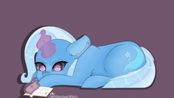 Size: 1280x720 | Tagged: safe, artist:darksketchweirdness, derpibooru import, trixie, pony, unicorn, book, female, glowing horn, magic, mare, prone, purple background, reading, simple background, solo