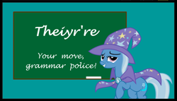 Size: 924x529 | Tagged: safe, derpibooru import, trixie, pony, troll, unicorn, chalkboard, female, genius, grammar, mare, solo, theiyr're, trollface, trolling, trollxie