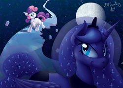 Size: 900x641 | Tagged: safe, artist:alittleofsomething, princess luna, sweetie belle, alicorn, pony, for whom the sweetie belle toils, dream, dream walker luna, moon, smiling