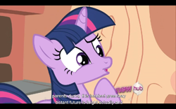 Size: 960x600 | Tagged: safe, derpibooru import, screencap, twilight sparkle, it's about time, hub logo, youtube caption