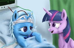 Size: 2500x1618 | Tagged: safe, artist:fox-moonglow, derpibooru import, trixie, twilight sparkle, twilight sparkle (alicorn), alicorn, pony, unicorn, bed, crying, female, hospital, injured, lesbian, mare, shipping, tears of joy, twixie