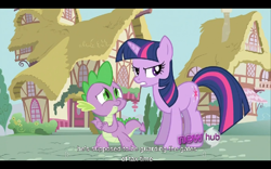 Size: 960x600 | Tagged: safe, derpibooru import, screencap, spike, twilight sparkle, dragon, it's about time, hub logo, youtube caption