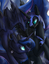 Size: 824x1080 | Tagged: safe, artist:ebonytails, nightmare moon, princess luna, alicorn, pony, crown, duo, duo female, female, horn, mare