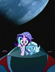 Size: 540x704 | Tagged: safe, artist:dori-to, derpibooru import, starlight glimmer, trixie, pony, unicorn, accessory swap, c:, car, clothes, driving, duo, earth, elon musk, female, glare, hat, mare, open mouth, orbit, planet, roadster, rocket, smiling, smirk, song in the comments, space, spacex, starman, tesla, tesla roadster, toy interpretation, trixie's hat, trixie's rocket