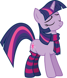 Size: 2746x3225 | Tagged: safe, artist:voaxmasterspydre, derpibooru import, twilight sparkle, unicorn twilight, pony, unicorn, clothes, eyes closed, female, high res, mare, scarf, simple background, smiling, smuglight sparkle, socks, solo, striped scarf, striped socks, transparent background, vector