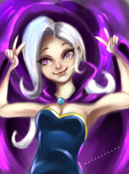 Size: 716x960 | Tagged: safe, artist:bunsogen, derpibooru import, trixie, human, armpits, breasts, cape, cleavage, clothes, dress, female, hat, humanized, peace sign, smiling, solo, trixie's cape, trixie's hat