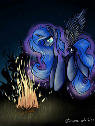 Size: 1024x1365 | Tagged: safe, artist:donnamist, princess luna, alicorn, pony, bruised, campfire, flying, night, solo