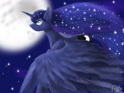 Size: 1280x960 | Tagged: safe, artist:fairyrave, princess luna, alicorn, pony, flying, moon, solo