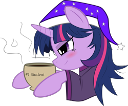 Size: 9650x8000 | Tagged: safe, artist:fiarel, artist:quasdar, derpibooru import, twilight sparkle, pony, absurd resolution, blushing, clothes, coffee, coffee mug, female, hat, mare, morning ponies, mug, nightcap, pajamas, simple background, smiling, solo, transparent background, vector