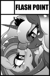 Size: 328x500 | Tagged: safe, artist:aoi takayuki, princess luna, twilight sparkle, alicorn, pony, circle cut, female, grayscale, lesbian, monochrome, shipping, twiluna