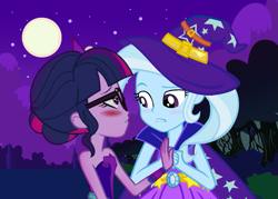 Size: 839x600 | Tagged: safe, artist:3d4d, derpibooru import, sci-twi, trixie, twilight sparkle, equestria girls, female, full moon, hat, lesbian, moon, sci-twixie, shipping, twixie, witch hat